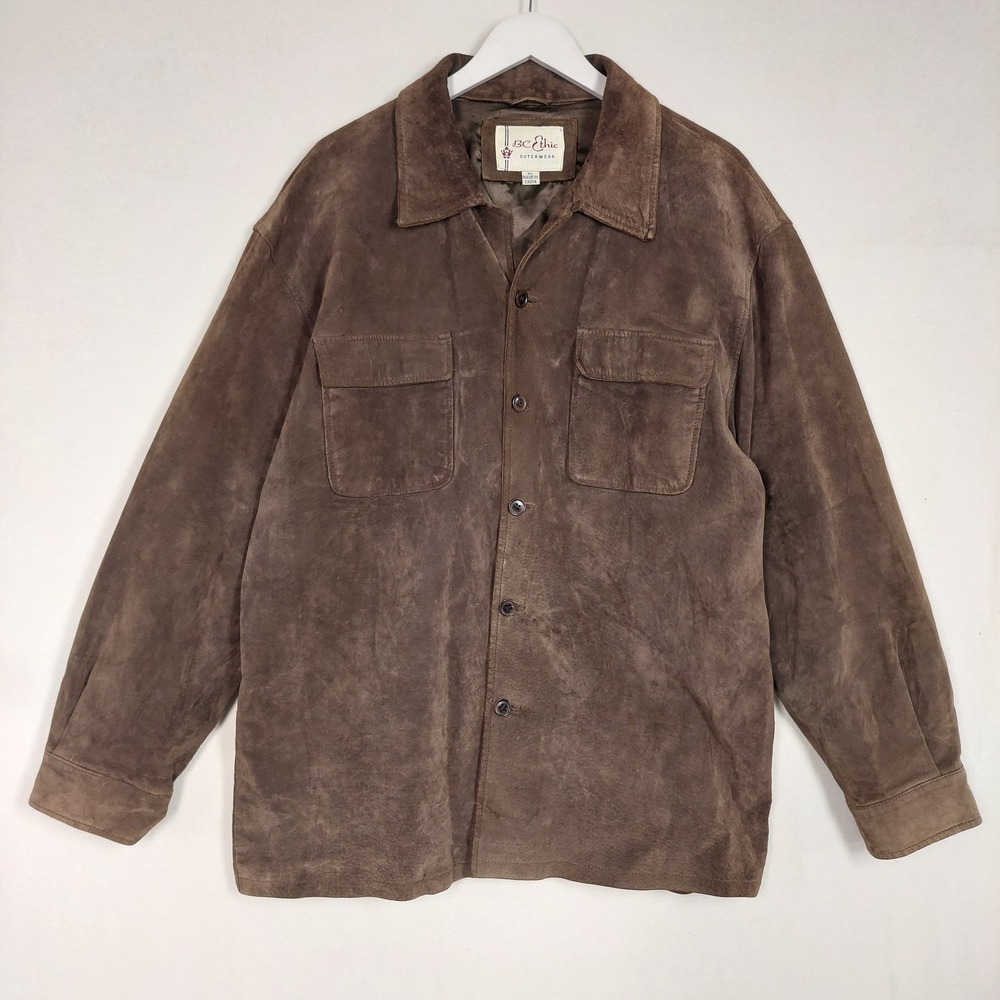 BC Ethic Outerwear Mens XL Brown Suede Leather Button Down Shirt Jacket Vintage